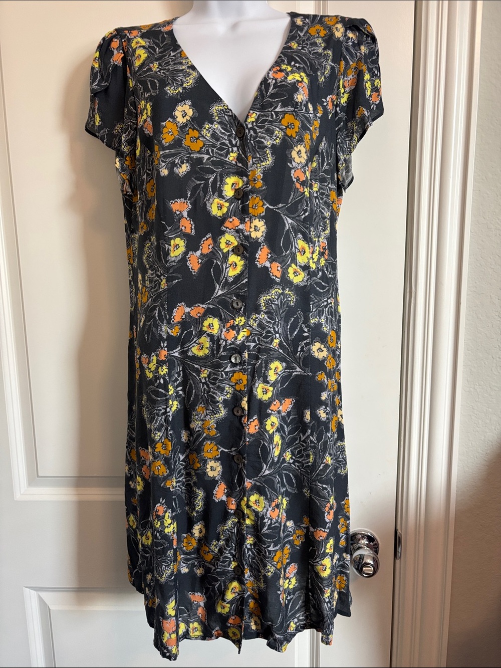 Velvet Midi Button Front Dress in Charcoal with Yellow & Orange Floral Print MED